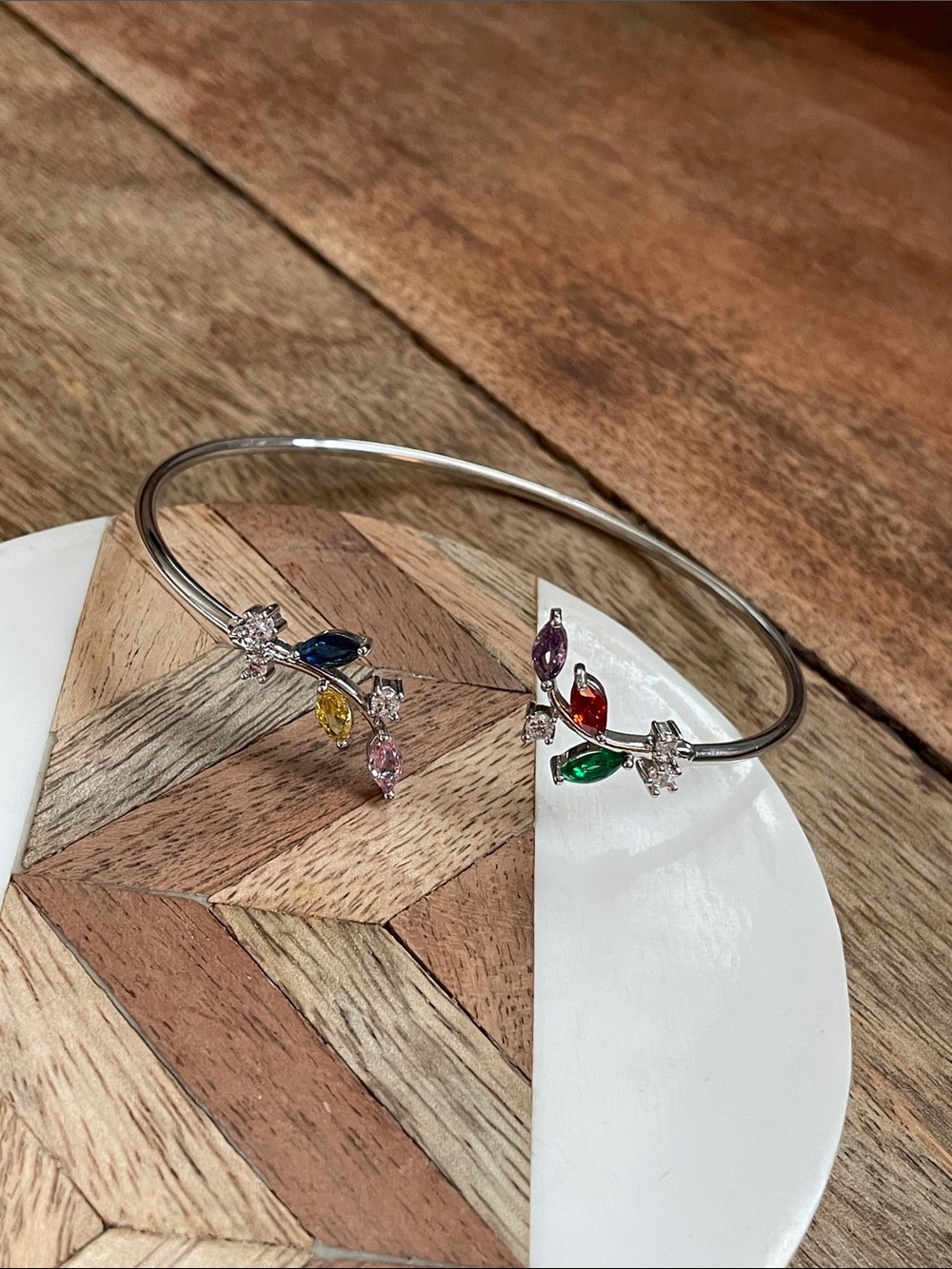 Silver-Tone Open Bangle Bracelet with Multicolor Marquise Stones
